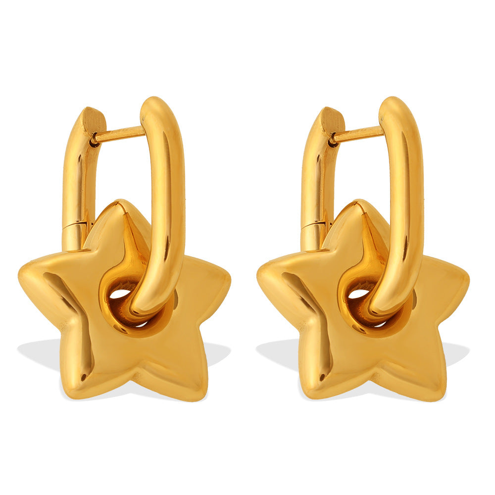 INS Sweet Cool Style Versatile Gold Five-pointed Star Earrings, Stainless Steel 18K Gold Plated, Fashion Daily Earrings