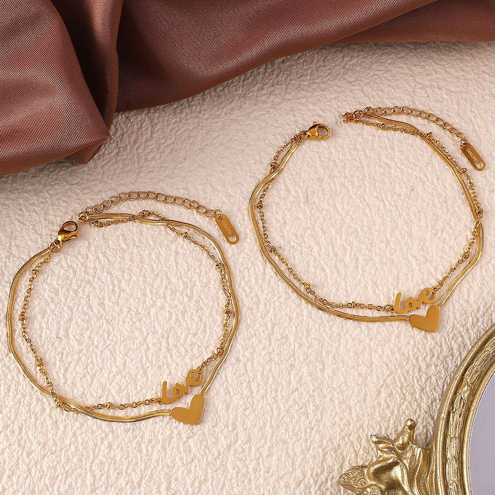 New European & American Fashion Double Layer Heart Love Pendant Anklet For Women, INS Minimalist Style, Trendy Anklet