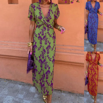 Summer V-neck Short-sleeved Dress Fashion Flowers Printed Slim Beach Dresses For Women Clothing