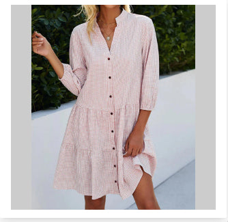 Plaid Printed Ruffle Dress V Neck Button Three-quarter Sleeves Dresses For Women Clothing