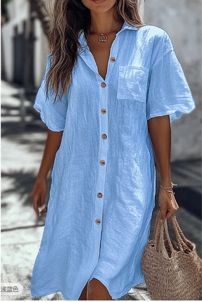 Casual Solid Shirt Dress Lady Fashion Short Sleeve Button Loose Dresses Women Elegant Office Skirt Womens Clothing Summer