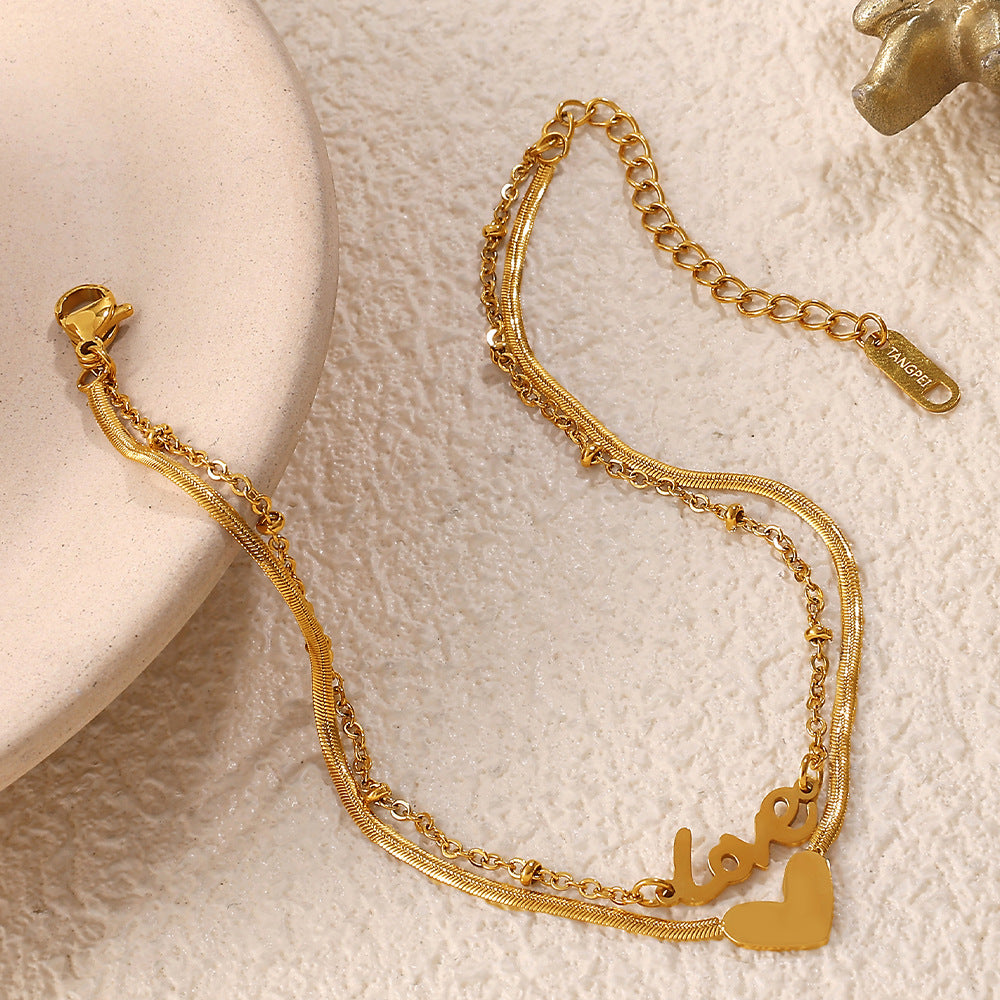 New European & American Fashion Double Layer Heart Love Pendant Anklet For Women, INS Minimalist Style, Trendy Anklet
