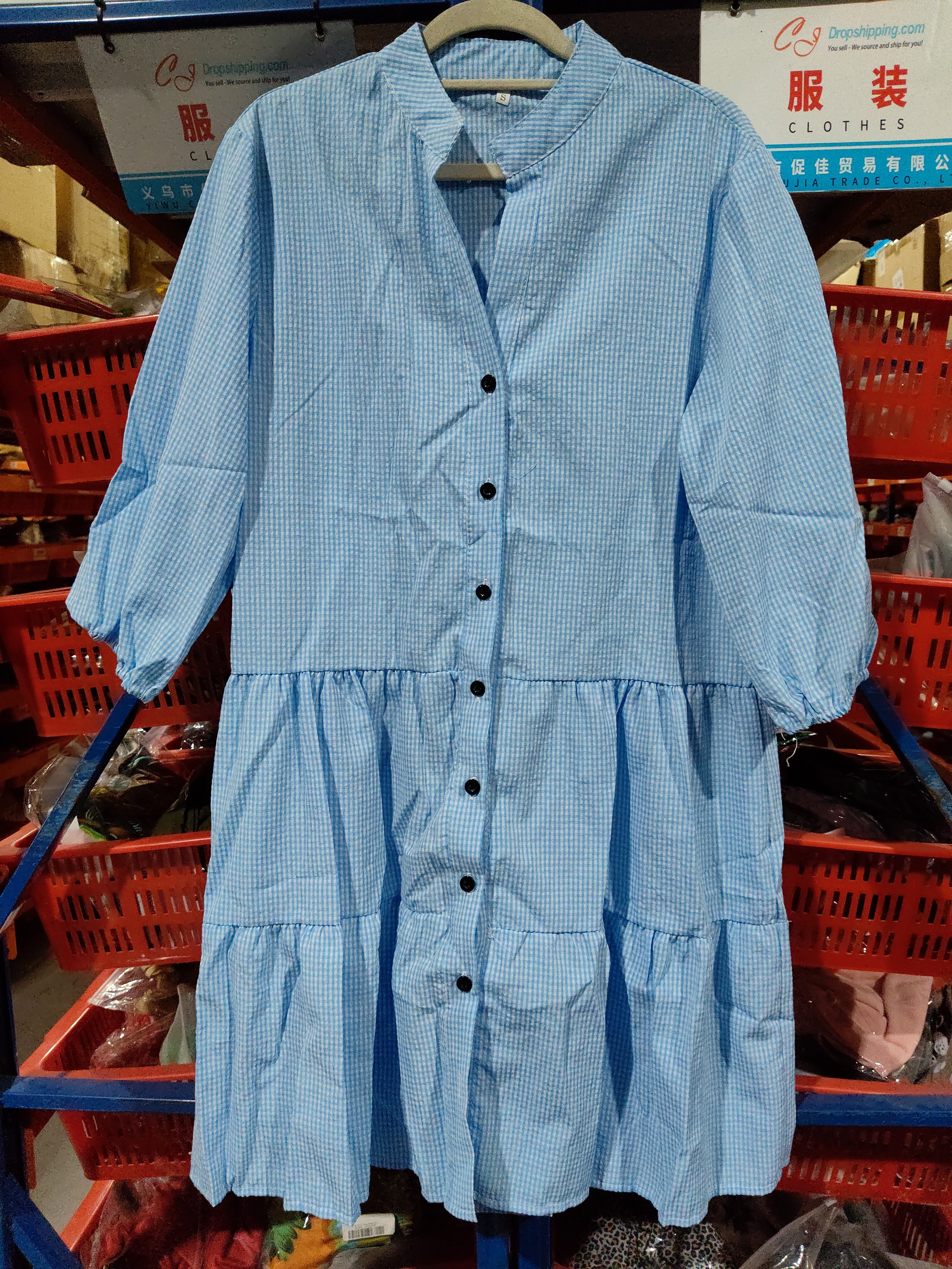 Plaid Printed Ruffle Dress V Neck Button Three-quarter Sleeves Dresses For Women Clothing