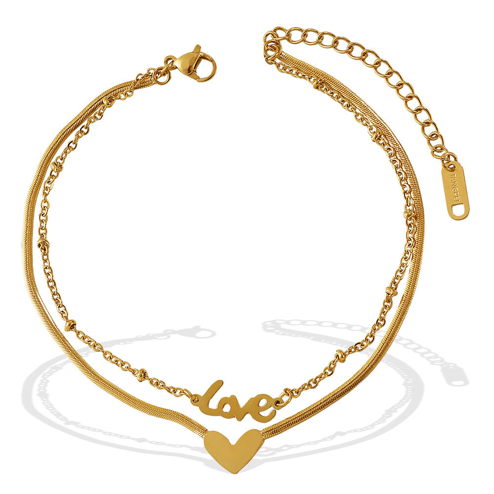 New European & American Fashion Double Layer Heart Love Pendant Anklet For Women, INS Minimalist Style, Trendy Anklet