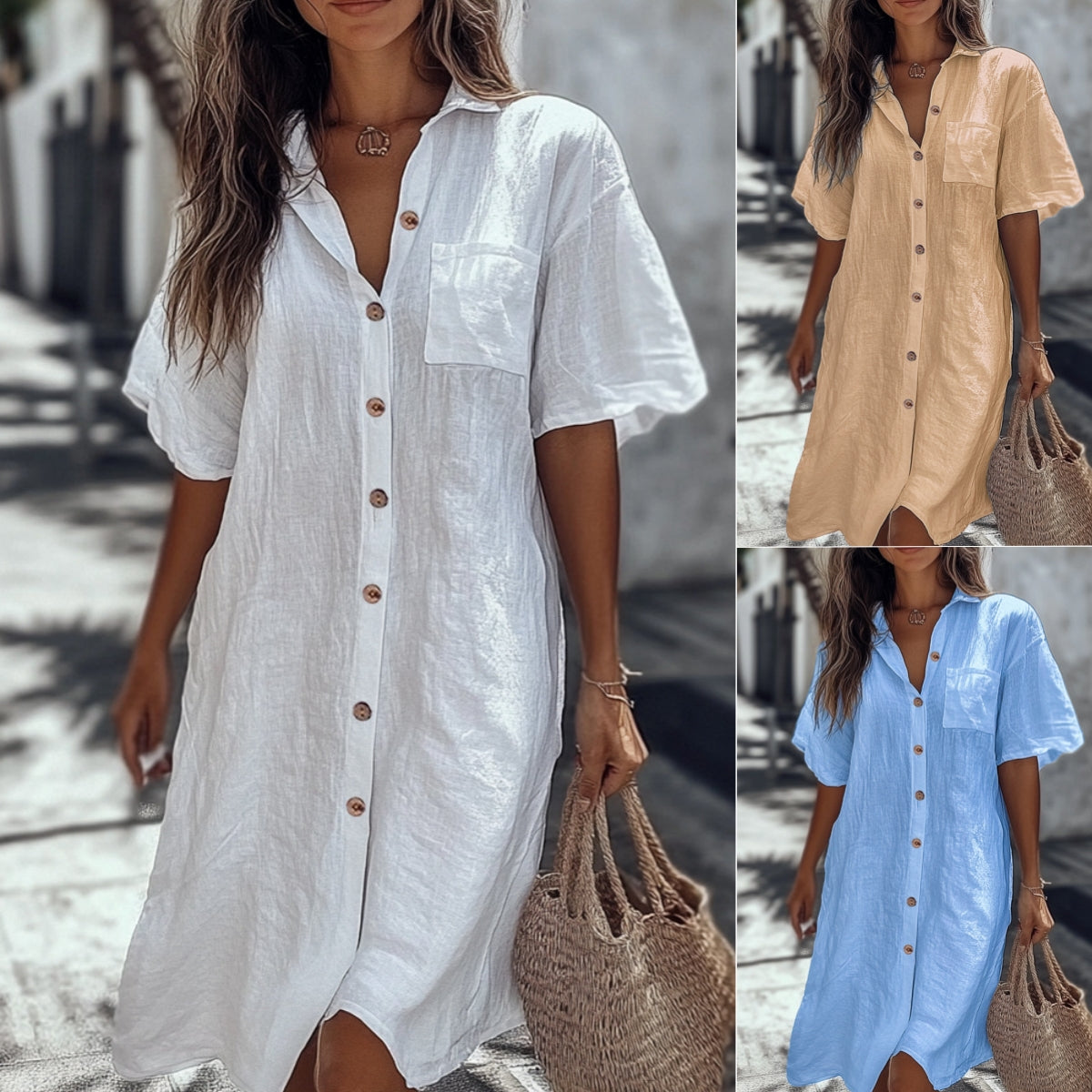 Casual Solid Shirt Dress Lady Fashion Short Sleeve Button Loose Dresses Women Elegant Office Skirt Womens Clothing Summer