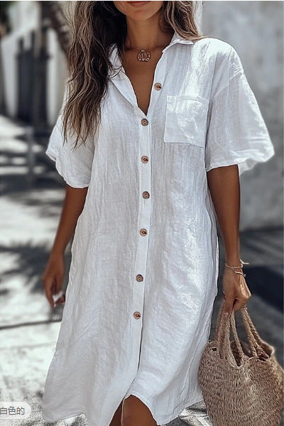 Casual Solid Shirt Dress Lady Fashion Short Sleeve Button Loose Dresses Women Elegant Office Skirt Womens Clothing Summer