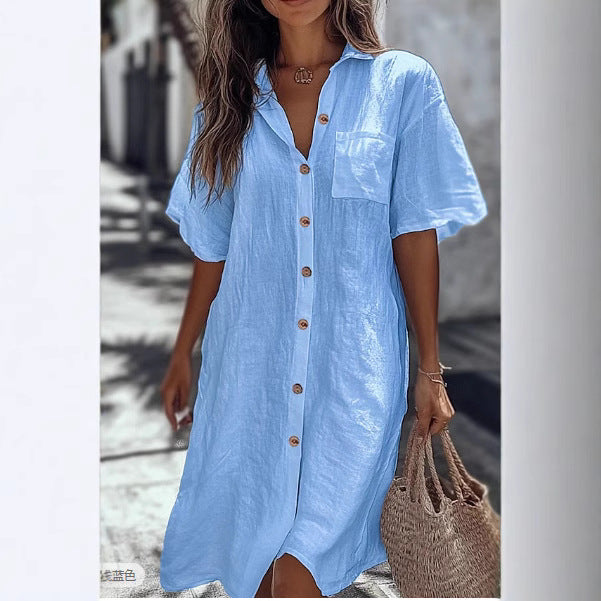 Casual Solid Shirt Dress Lady Fashion Short Sleeve Button Loose Dresses Women Elegant Office Skirt Womens Clothing Summer