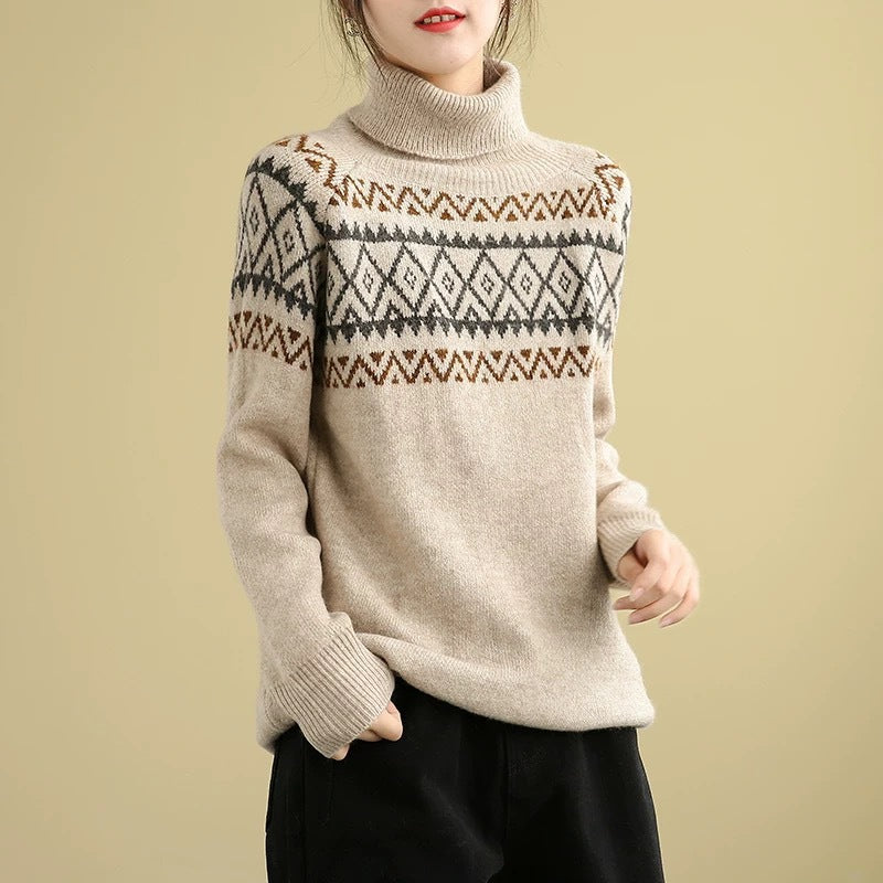 Products Literary And Leisure High Neck Pullover Jacquard Knitted Sweater