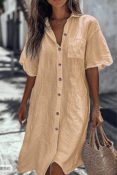 Casual Solid Shirt Dress Lady Fashion Short Sleeve Button Loose Dresses Women Elegant Office Skirt Womens Clothing Summer