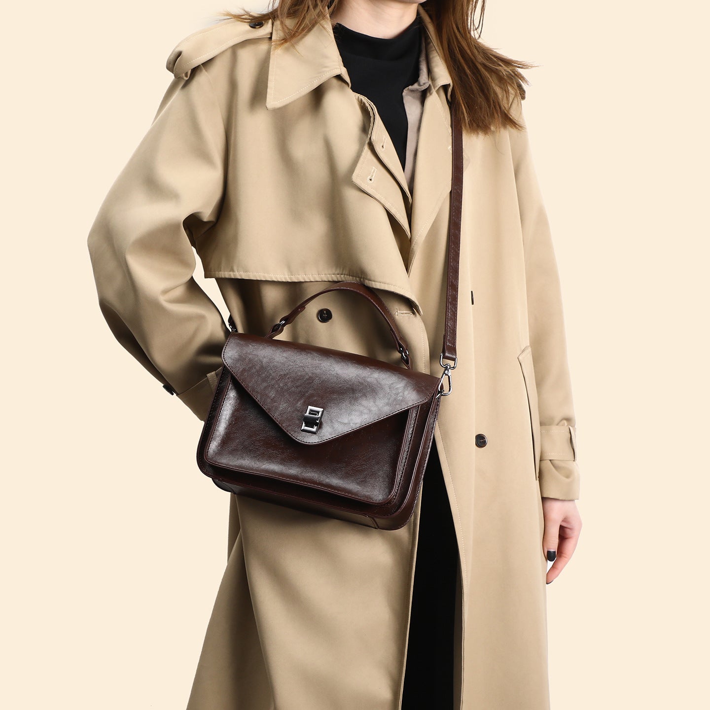 Oil-waxed Leather Vintage New Style Minimalist Fashionable Elegant Womens